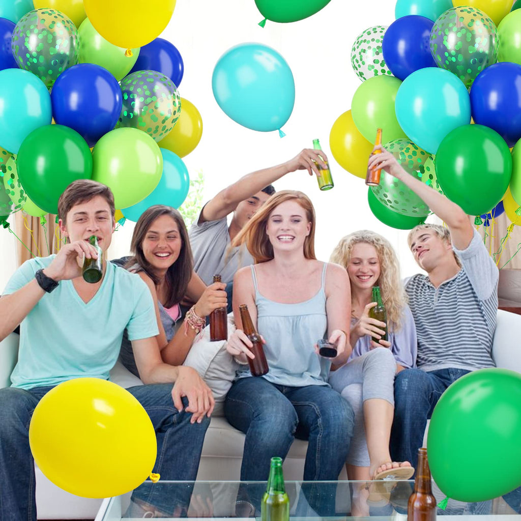 Paready Green & Blue Balloons – 60 Pcs, 12inch Latex Confetti Balloons for Jungle Dinosaur Party Decor
