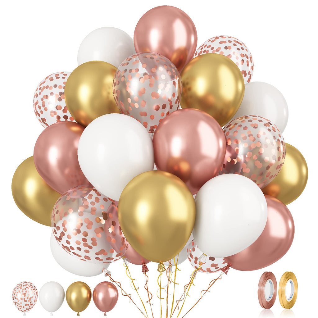Paready Rose Gold & White Latex Balloons – 62pc 12-inch Confetti Balloons with Ribbons