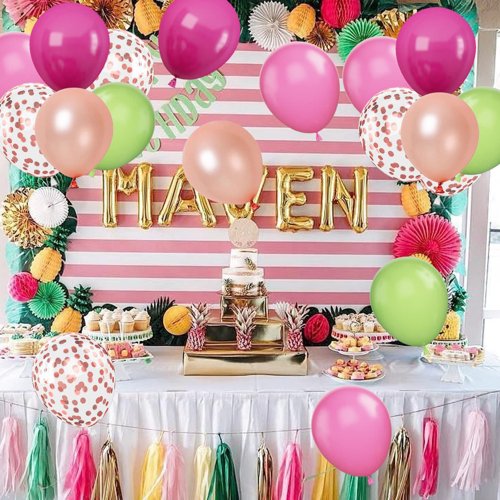 Paready Tropical Party Balloons – Green & Pink 60 Pcs 12 Inch Confetti & Rose Gold for Luau, Birthday, Baby Shower
