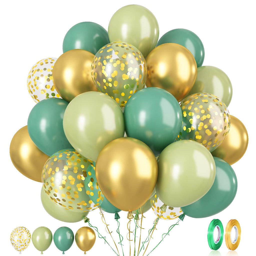 Paready Sage Green & Gold Balloons – 62 Pcs Confetti & Ribbon Set
