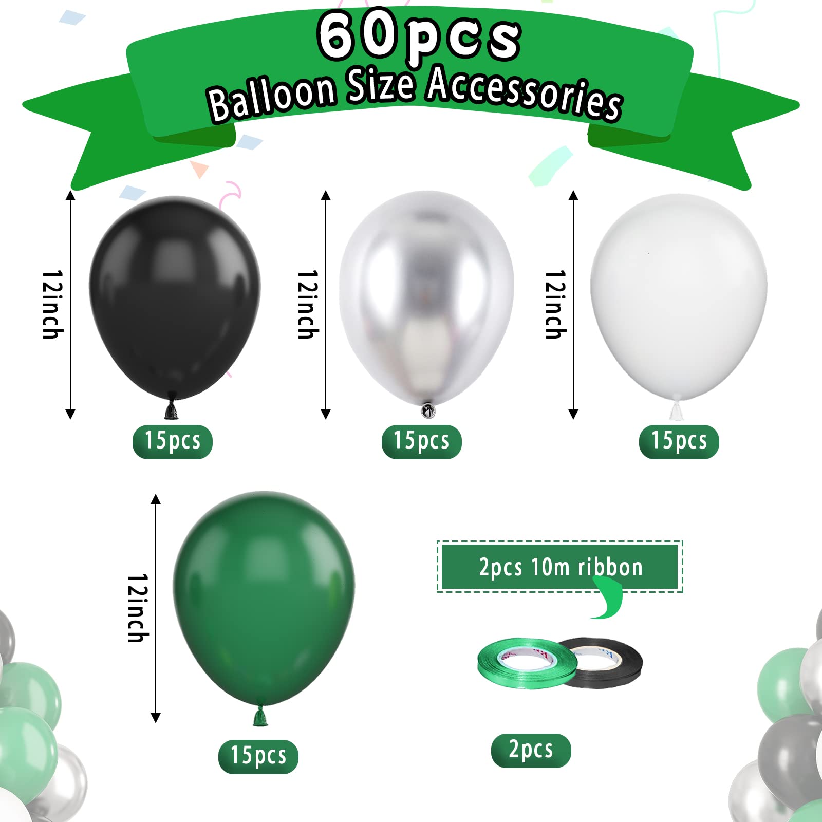 Paready Green Black Silver Balloons – 60 Pcs 12 Inch Latex Party Balloons for Video Game, Football, Birthday, Baby Shower