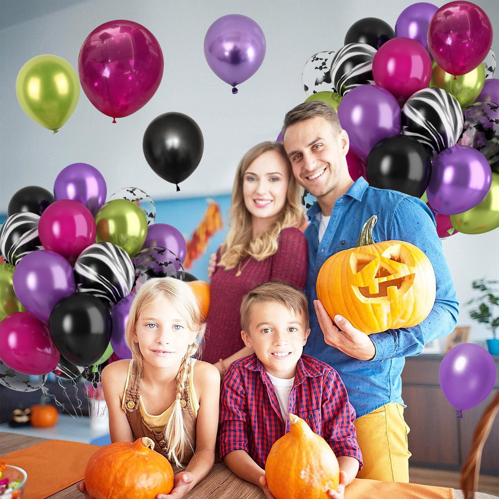 Paready Halloween Balloons Set – 60 Pcs Hot Pink, Black, Green & Purple Metallic Balloons with Bat Print