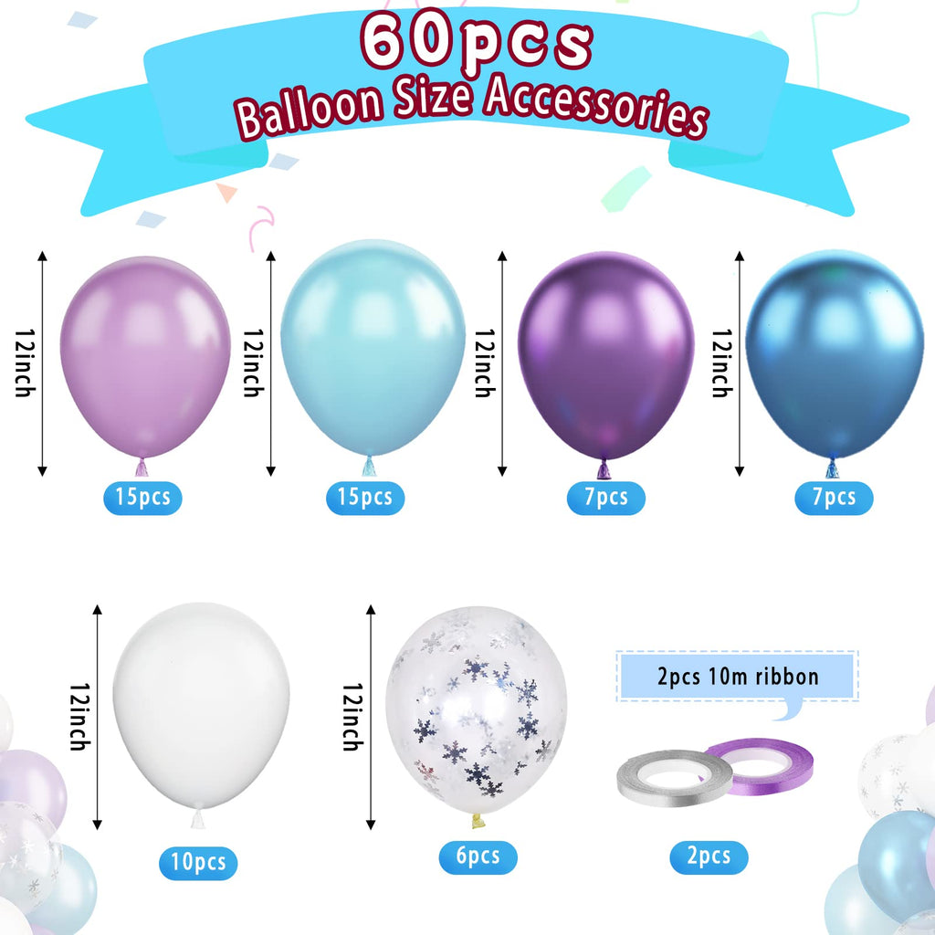 Paready Frozen Balloons - 60 Pcs 12 Inch Purple and Blue with Snow Confetti for Frozen Theme Parties
