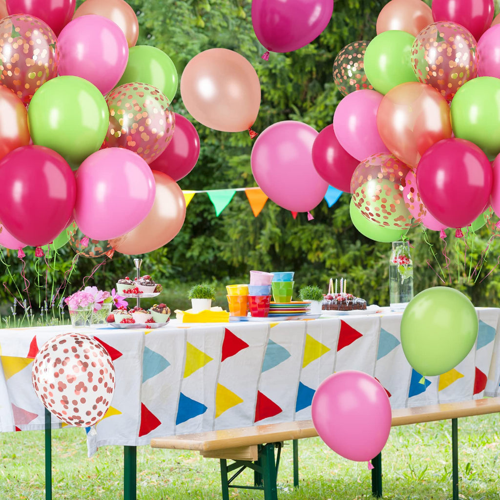 Paready Tropical Party Balloons – Green & Pink 60 Pcs 12 Inch Confetti & Rose Gold for Luau, Birthday, Baby Shower