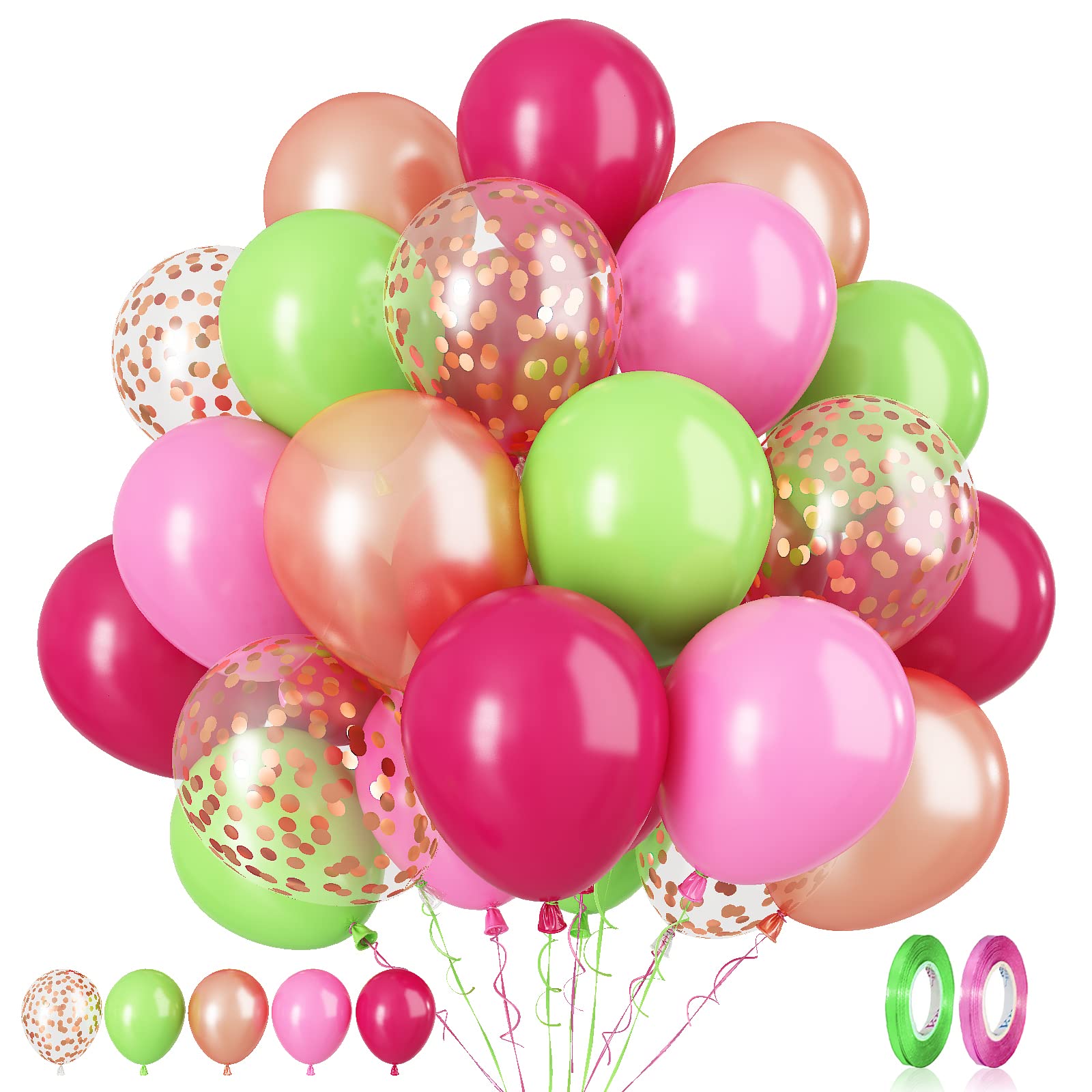 Paready Tropical Party Balloons – Green & Pink 60 Pcs 12 Inch Confetti & Rose Gold for Luau, Birthday, Baby Shower