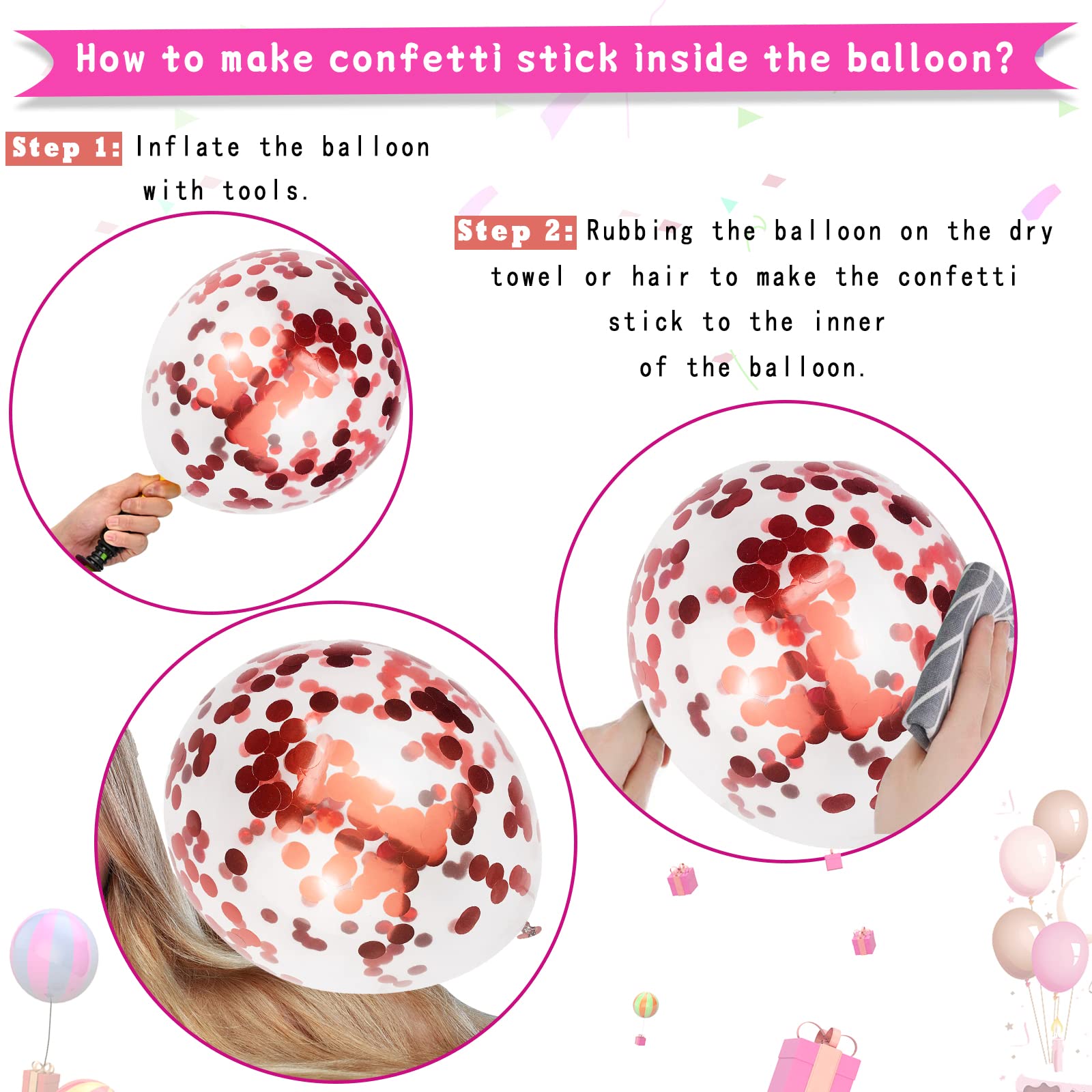 Paready Pink Confetti Balloons – 60 Pcs, 12in, Metallic Red, Rose Gold & Pink for Party Decor