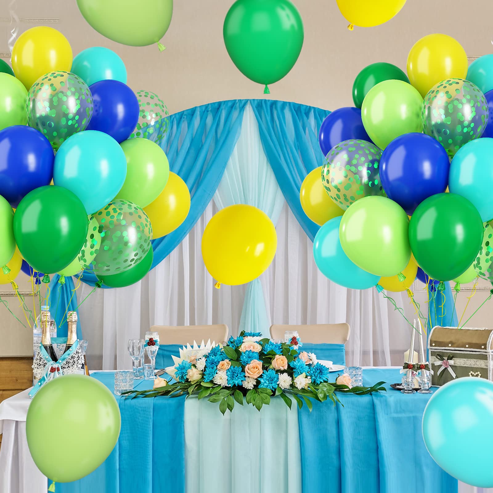 Paready Green & Blue Balloons – 60 Pcs, 12inch Latex Confetti Balloons for Jungle Dinosaur Party Decor