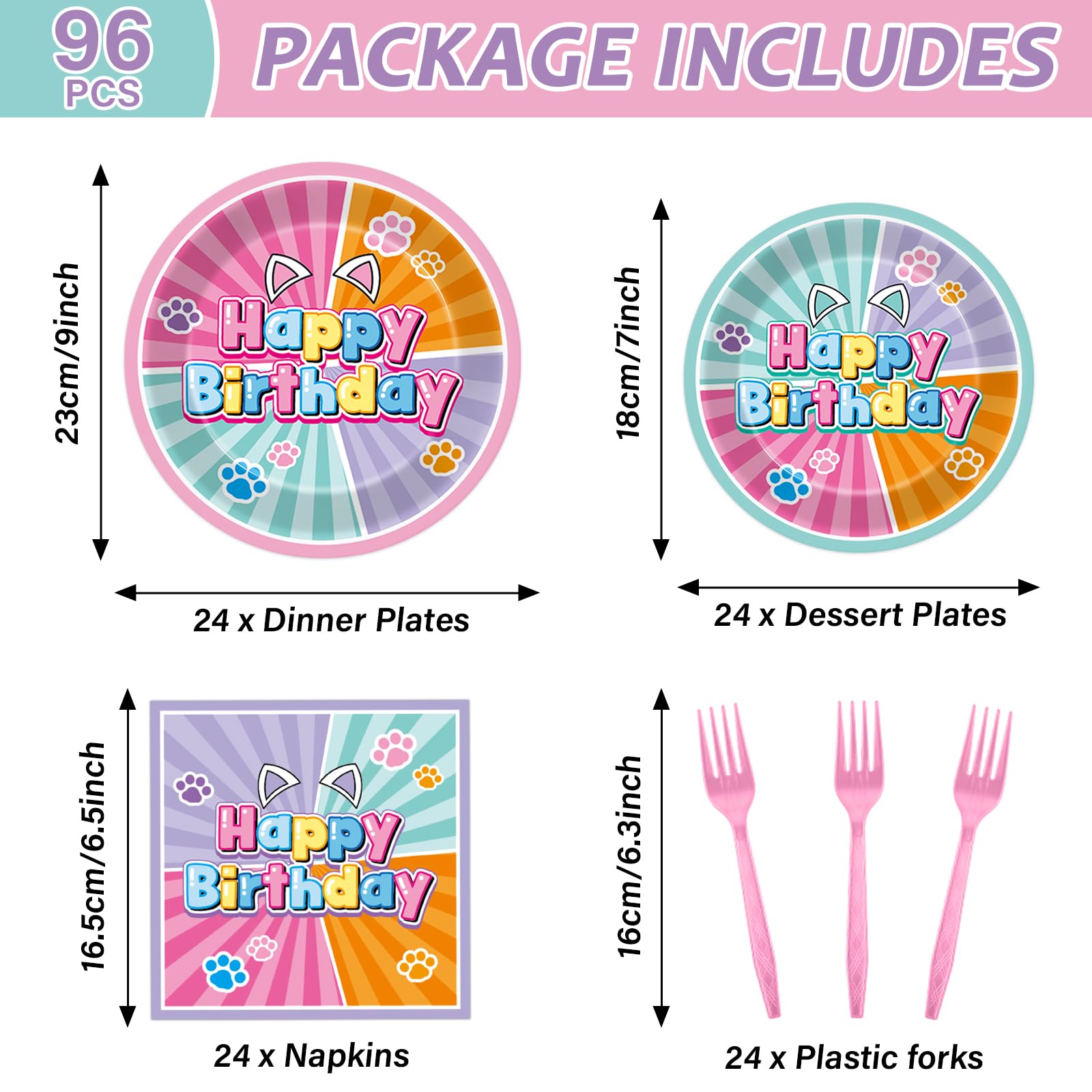 Pargreeff 96 PCS Super Cat Birthday Party Plates Napkins Forks Set