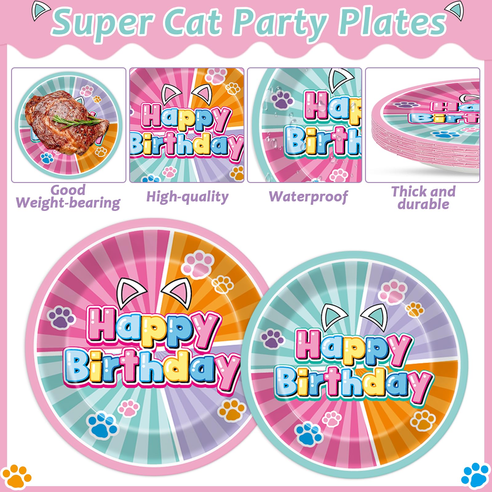 Pargreeff 96 PCS Super Cat Birthday Party Plates Napkins Forks Set