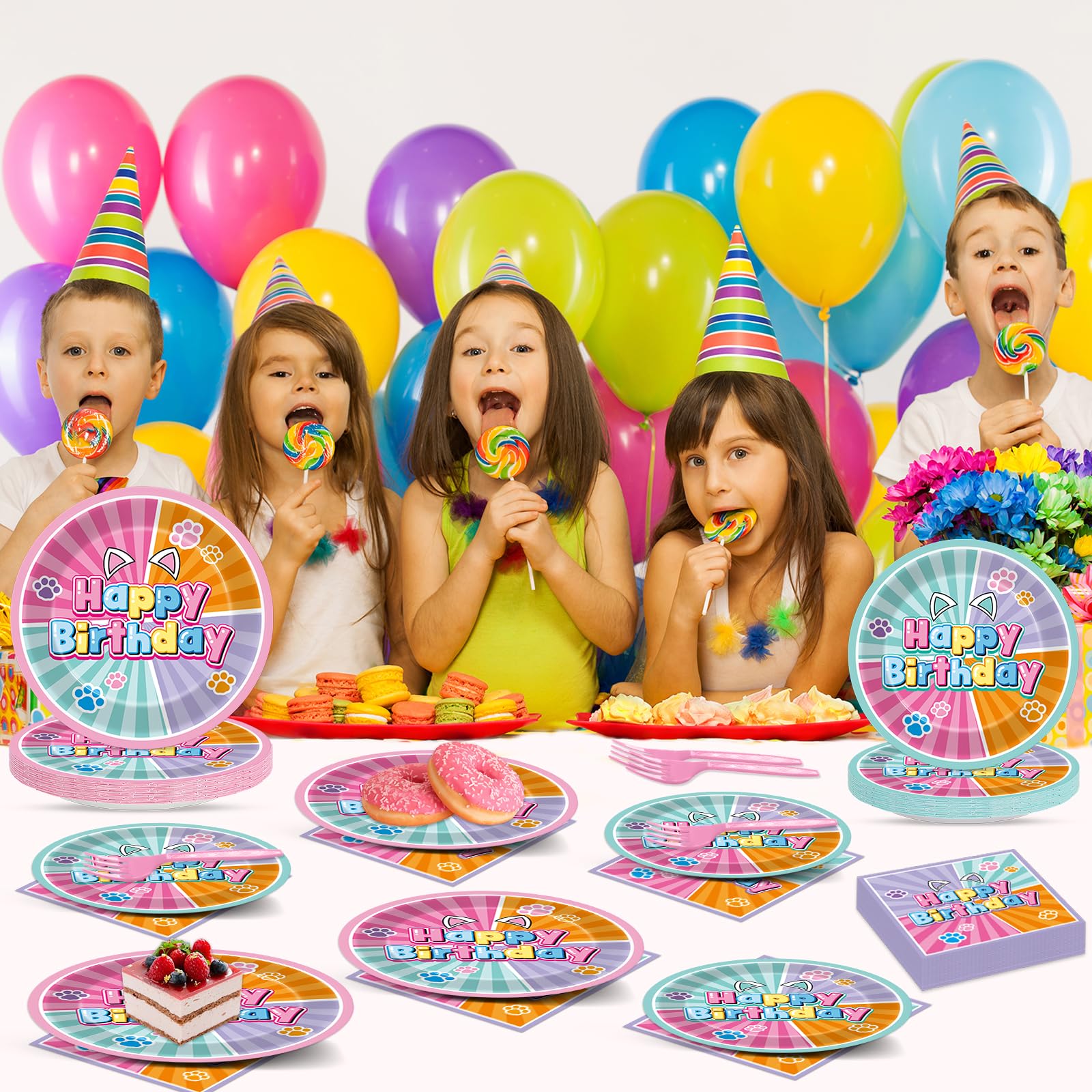 Pargreeff 96 PCS Super Cat Birthday Party Plates Napkins Forks Set