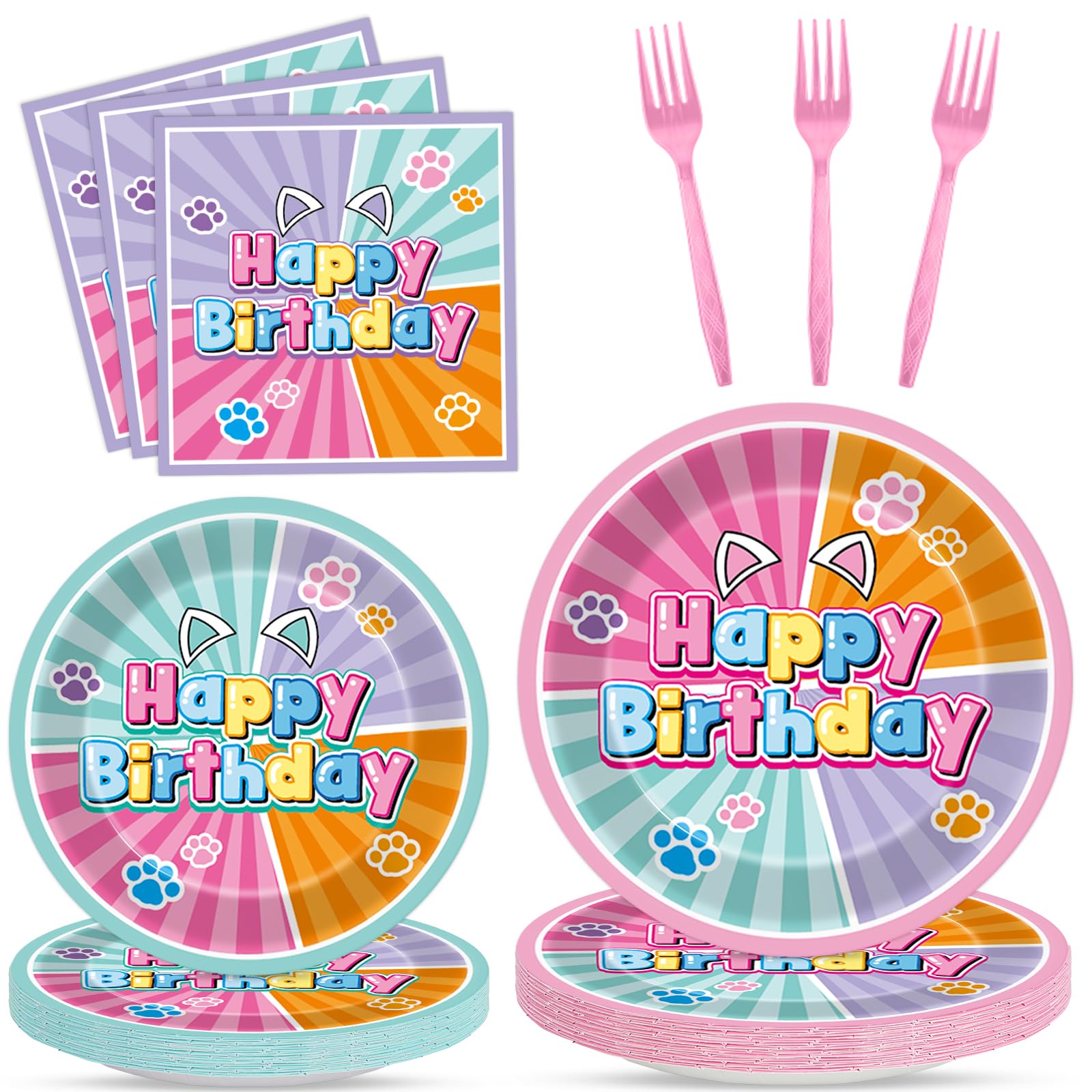 Pargreeff 96 PCS Super Cat Birthday Party Plates Napkins Forks Set