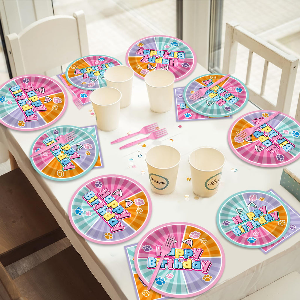 Pargreeff 96 PCS Super Cat Birthday Party Plates Napkins Forks Set
