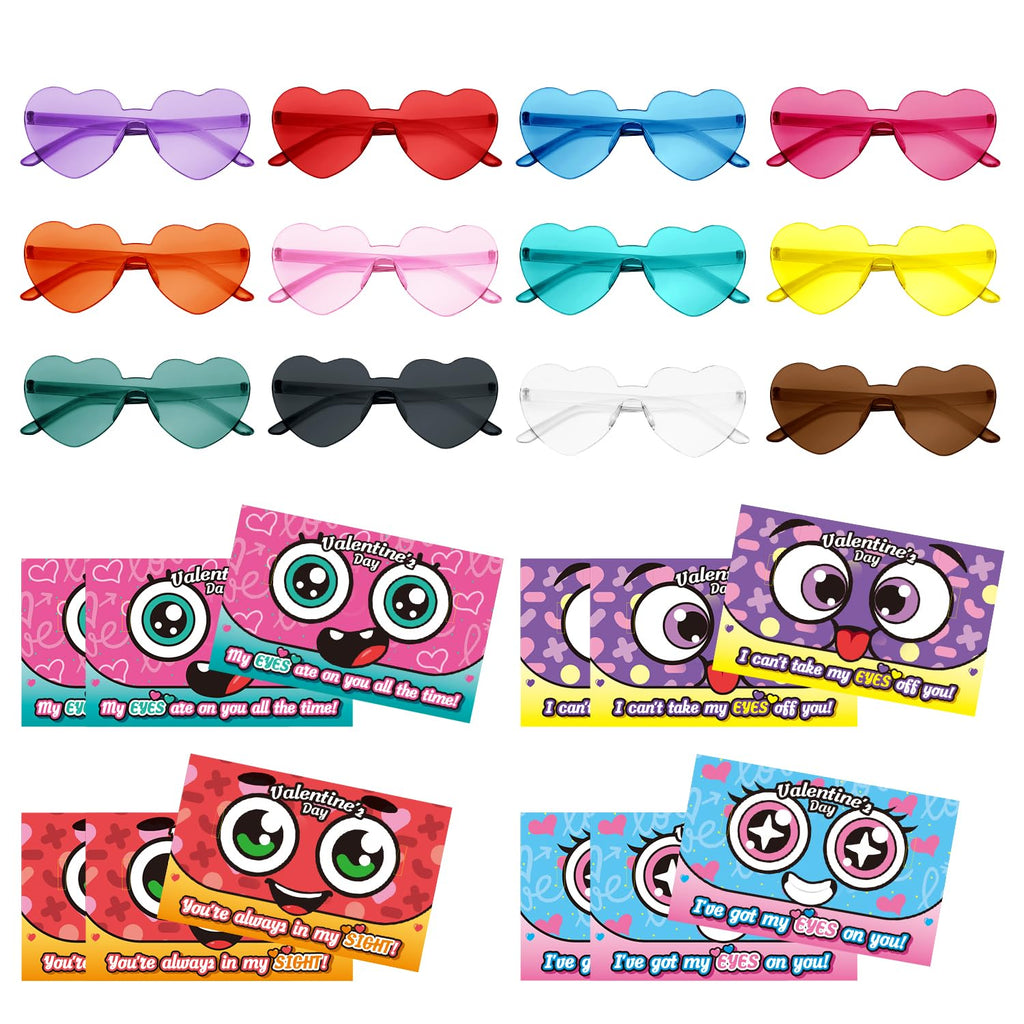 PARSUP 12-Pack Valentine Cards with Heart Glasses – Kids Party Favors & Classroom Gifts