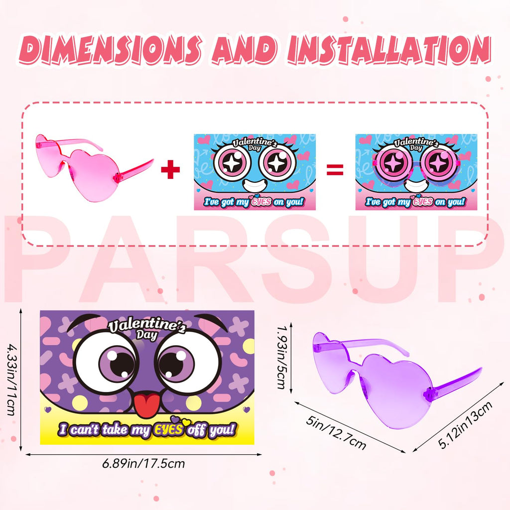 PARSUP 12-Pack Valentine Cards with Heart Glasses – Kids Party Favors & Classroom Gifts