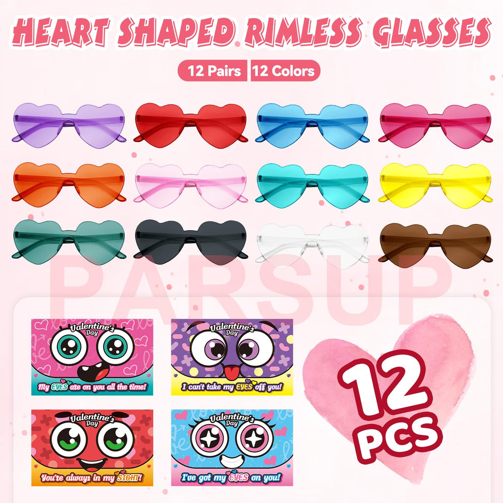 PARSUP 12-Pack Valentine Cards with Heart Glasses – Kids Party Favors & Classroom Gifts