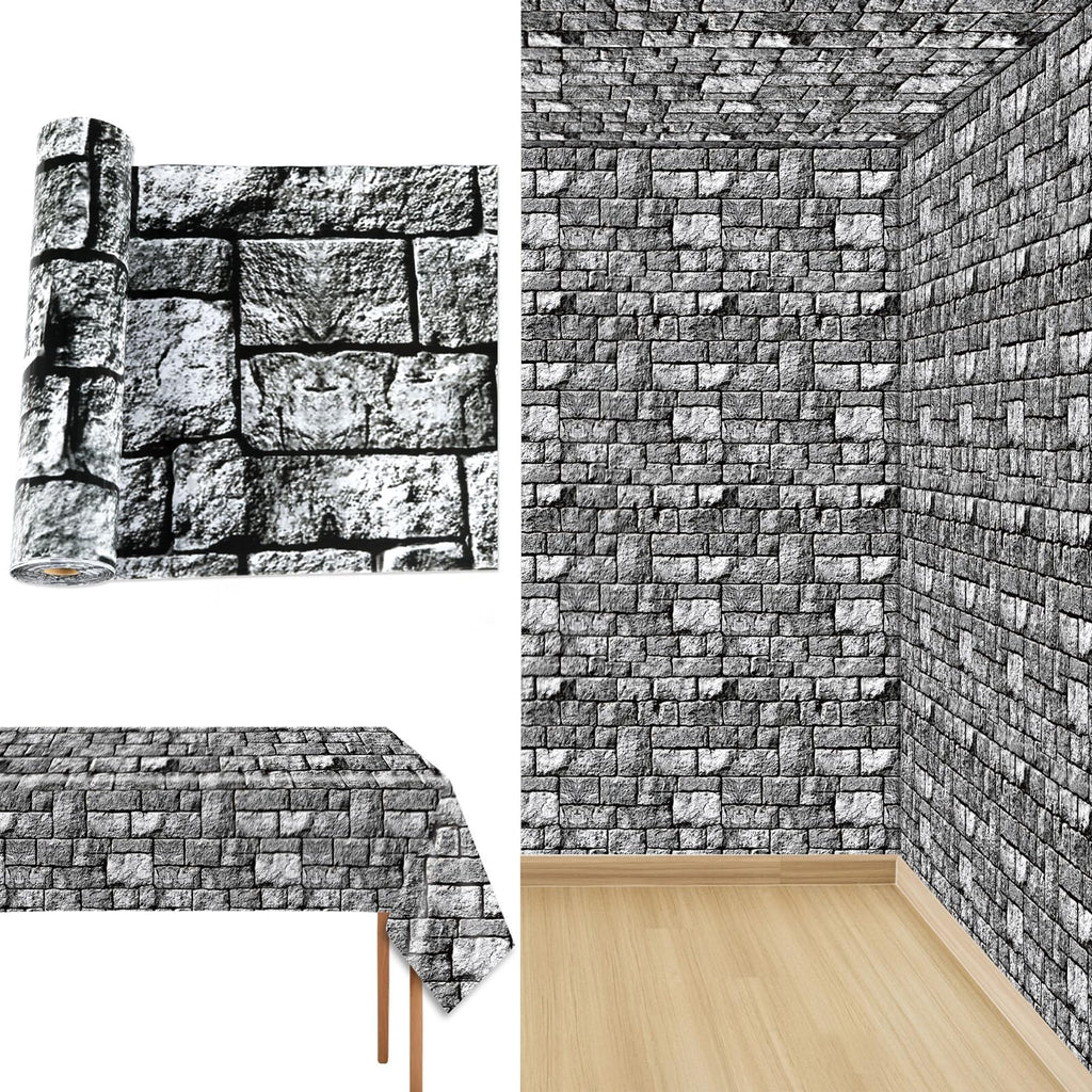 Party Greeting Brick Stone Wall Tablecloth Roll | 100ft x 51in Disposable Medieval Backdrop & Table Cover