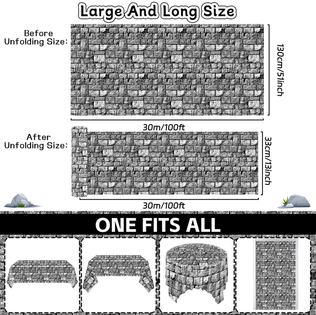 Party Greeting Brick Stone Wall Tablecloth Roll | 100ft x 51in Disposable Medieval Backdrop & Table Cover