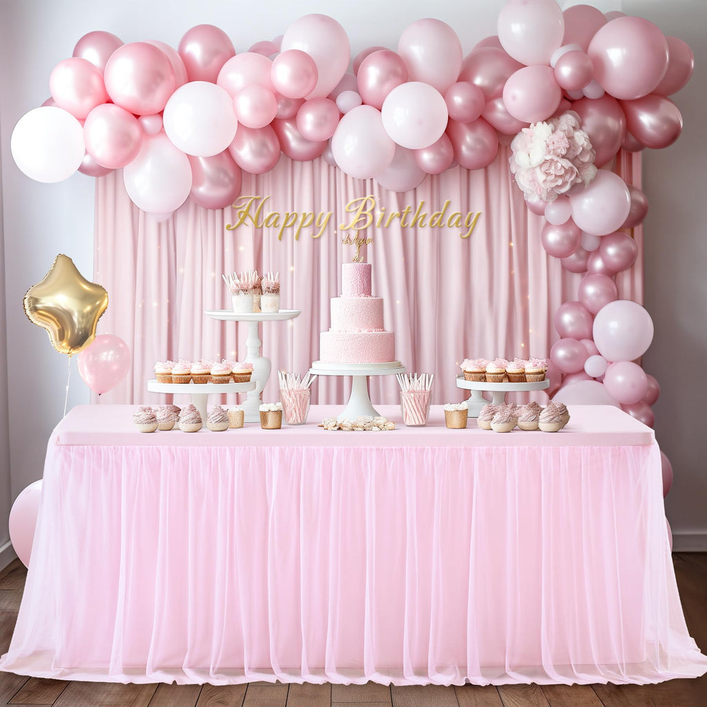 Party Talk Pink Tulle Tablecloth & Skirt for 6ft Tables | Easy Fit & Double-Ruffle