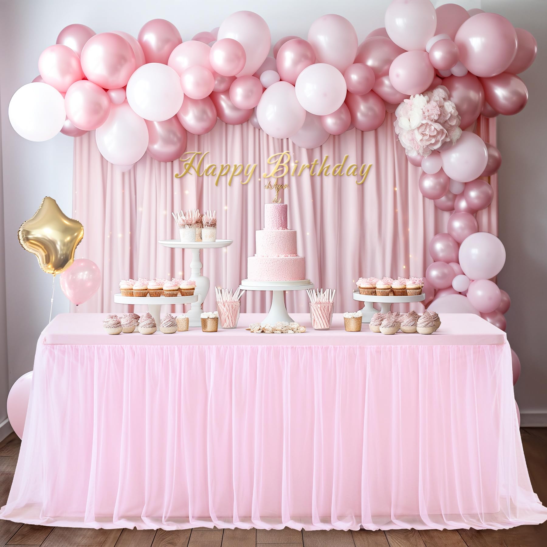 Party Talk Pink Tulle Tablecloth & Skirt for 6ft Tables | Easy Fit & Double-Ruffle
