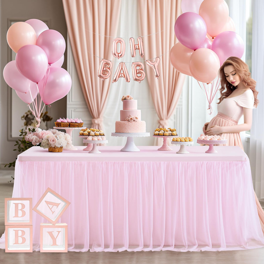 Party Talk Pink Tulle Tablecloth & Skirt for 6ft Tables | Easy Fit & Double-Ruffle