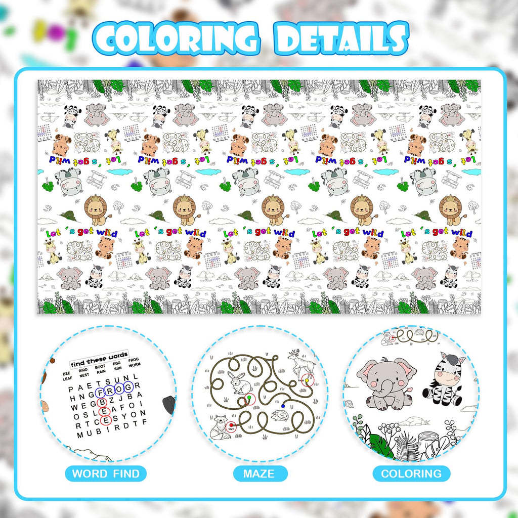 PartyGarden Giant Jungle Animal Coloring Tablecloth 54x108 in — Safari Zoo Theme Kids Party Decor