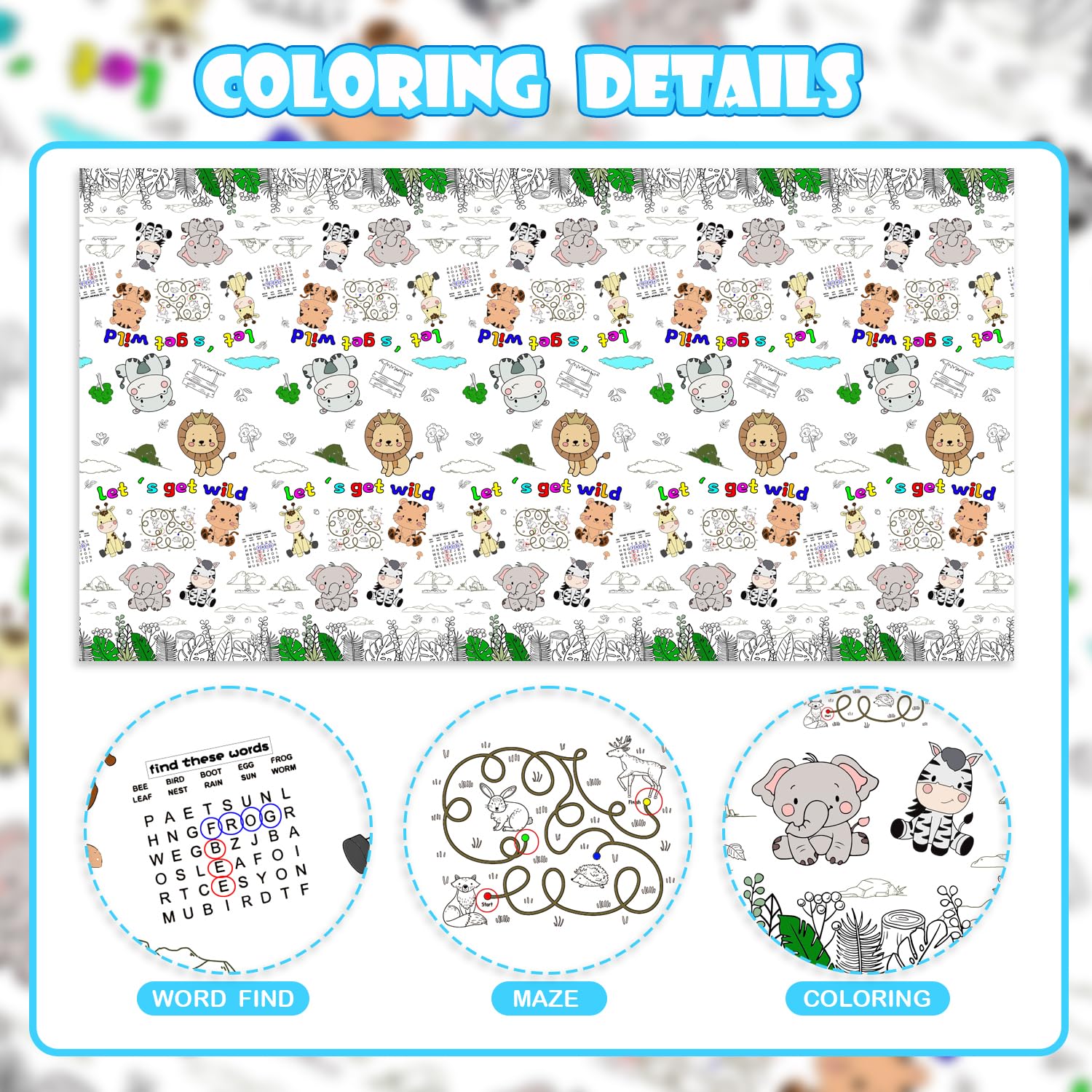 PartyGarden Giant Jungle Animal Coloring Tablecloth 54x108 in — Safari Zoo Theme Kids Party Decor