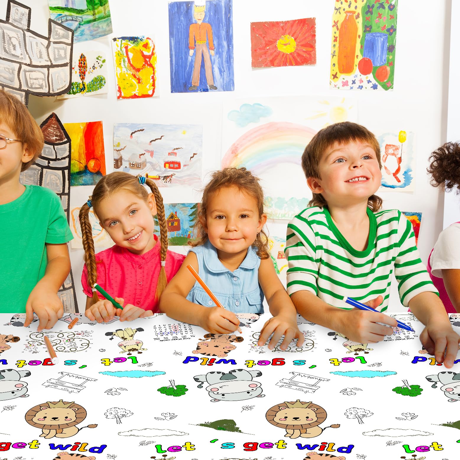PartyGarden Giant Jungle Animal Coloring Tablecloth 54x108 in — Safari Zoo Theme Kids Party Decor