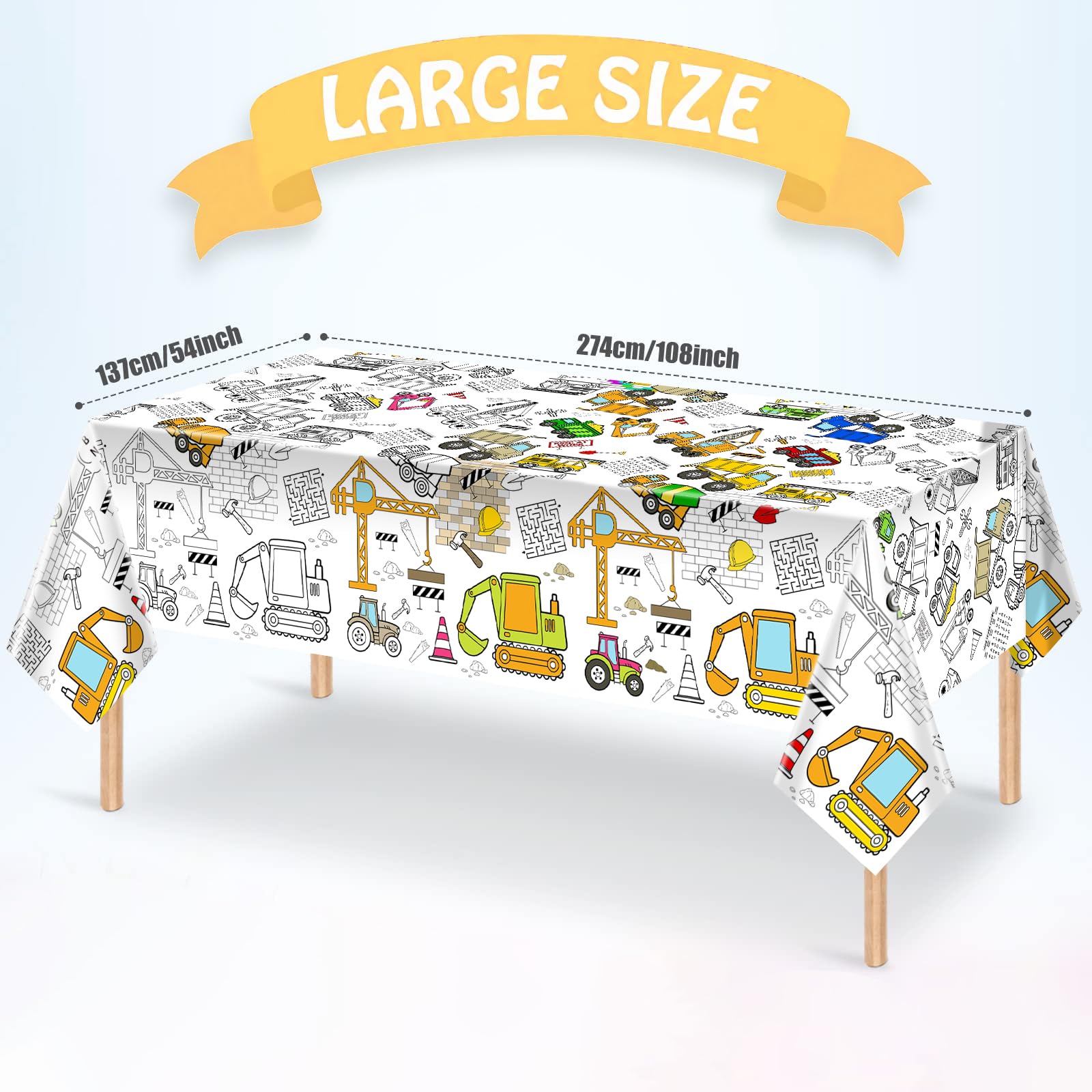PartyGarden Giant Construction Coloring Tablecloth 54x108 in – Kids Party Decor & Coloring Fun