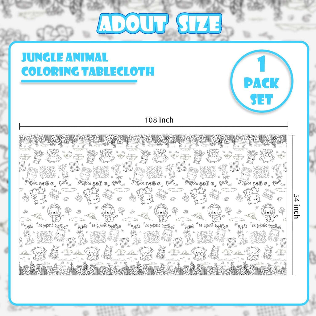 PartyGarden Giant Jungle Animal Coloring Tablecloth 54x108 in — Safari Zoo Theme Kids Party Decor