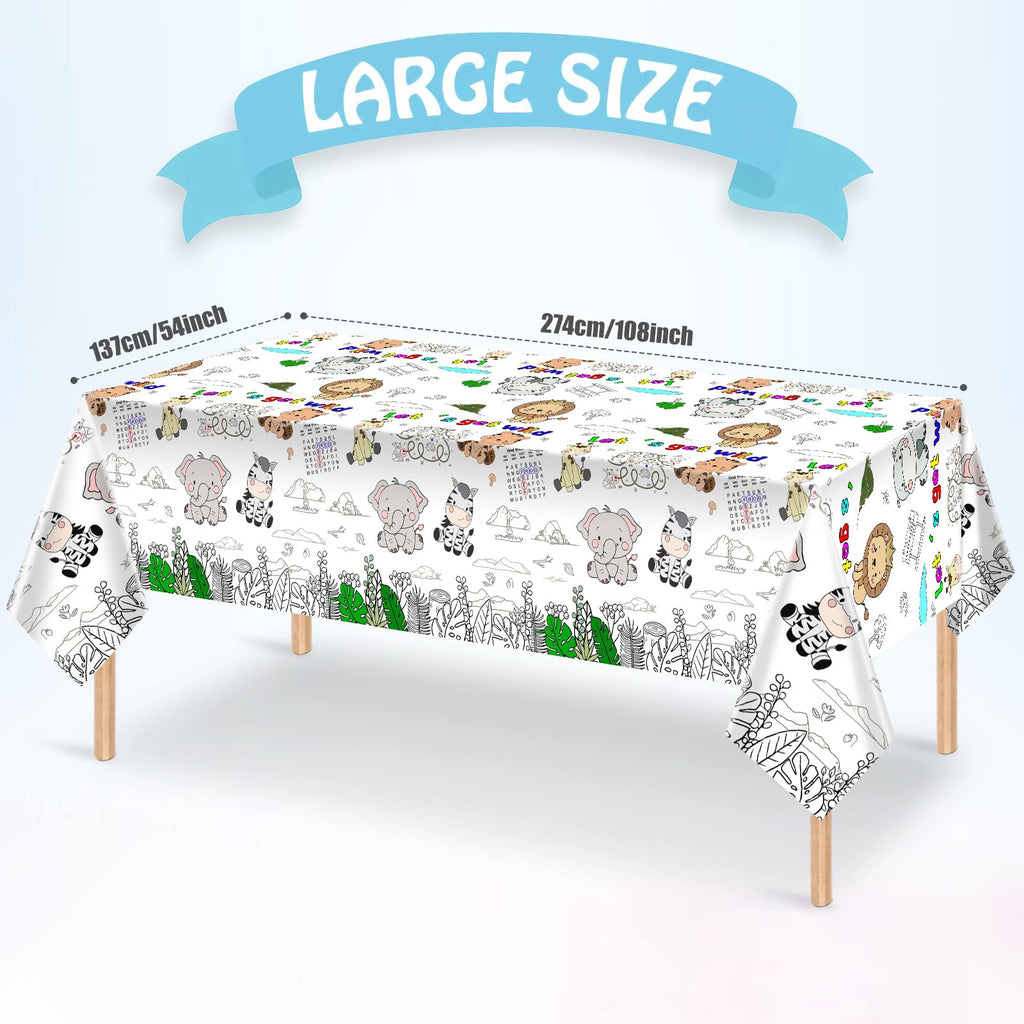 PartyGarden Giant Jungle Animal Coloring Tablecloth 54x108 in — Safari Zoo Theme Kids Party Decor