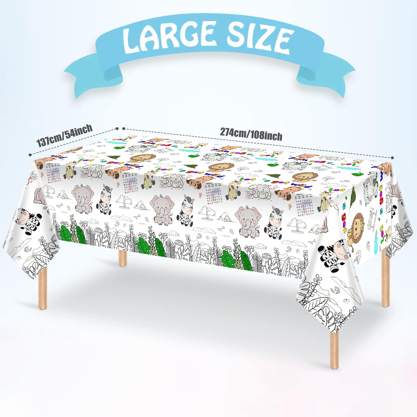 PartyGarden Giant Jungle Animal Coloring Tablecloth 54x108 in — Safari Zoo Theme Kids Party Decor
