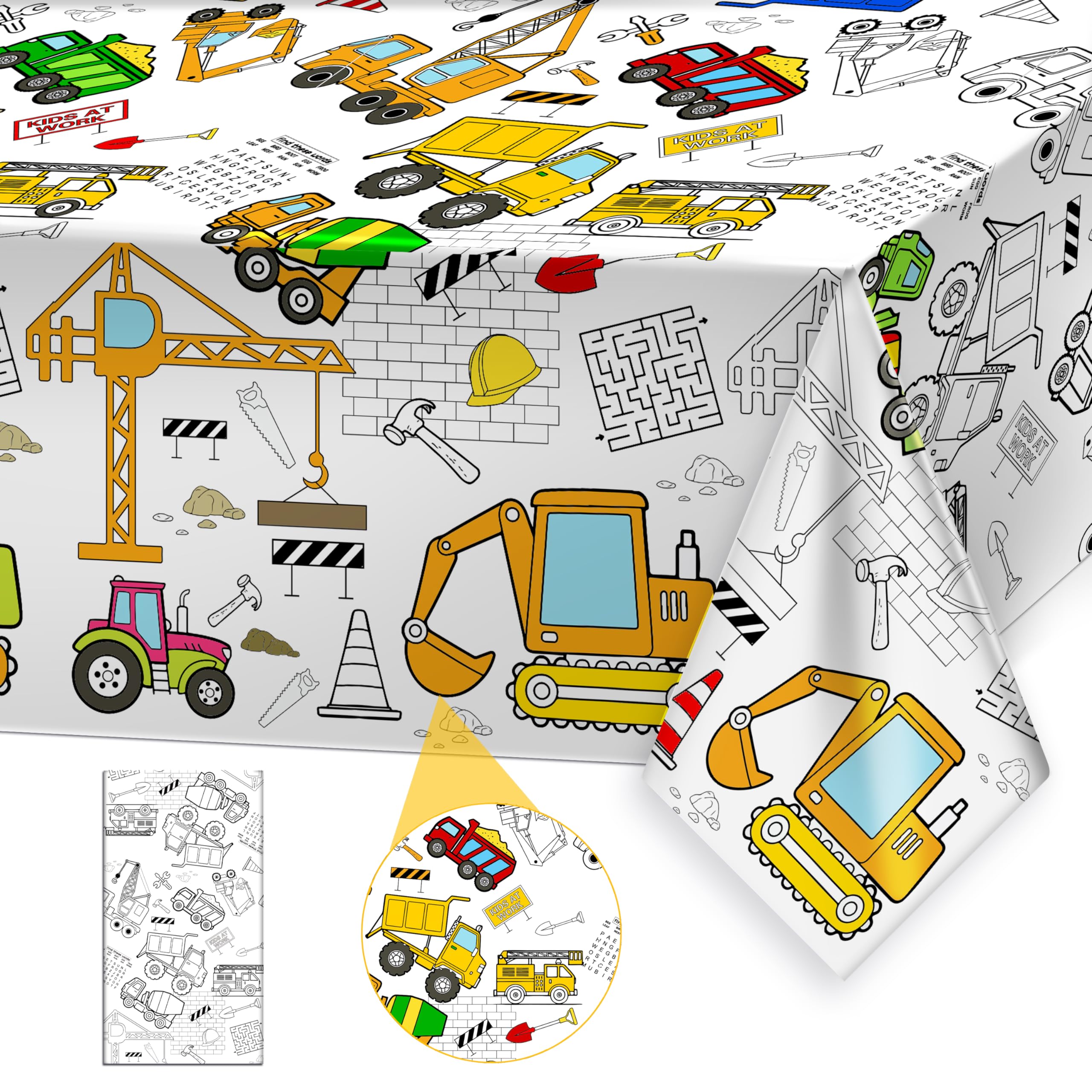 PartyGarden Giant Construction Coloring Tablecloth 54x108 in – Kids Party Decor & Coloring Fun