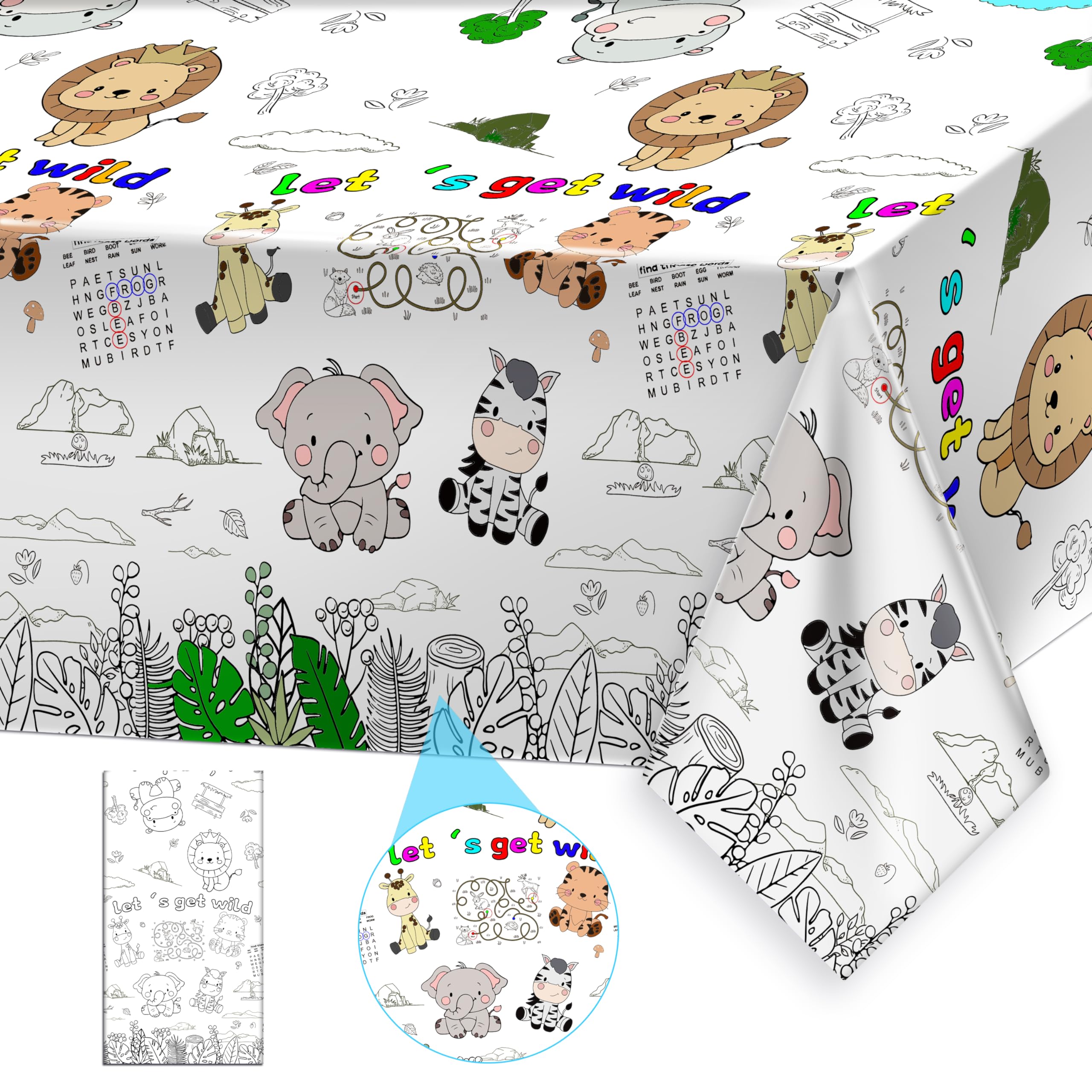 PartyGarden Giant Jungle Animal Coloring Tablecloth 54x108 in — Safari Zoo Theme Kids Party Decor