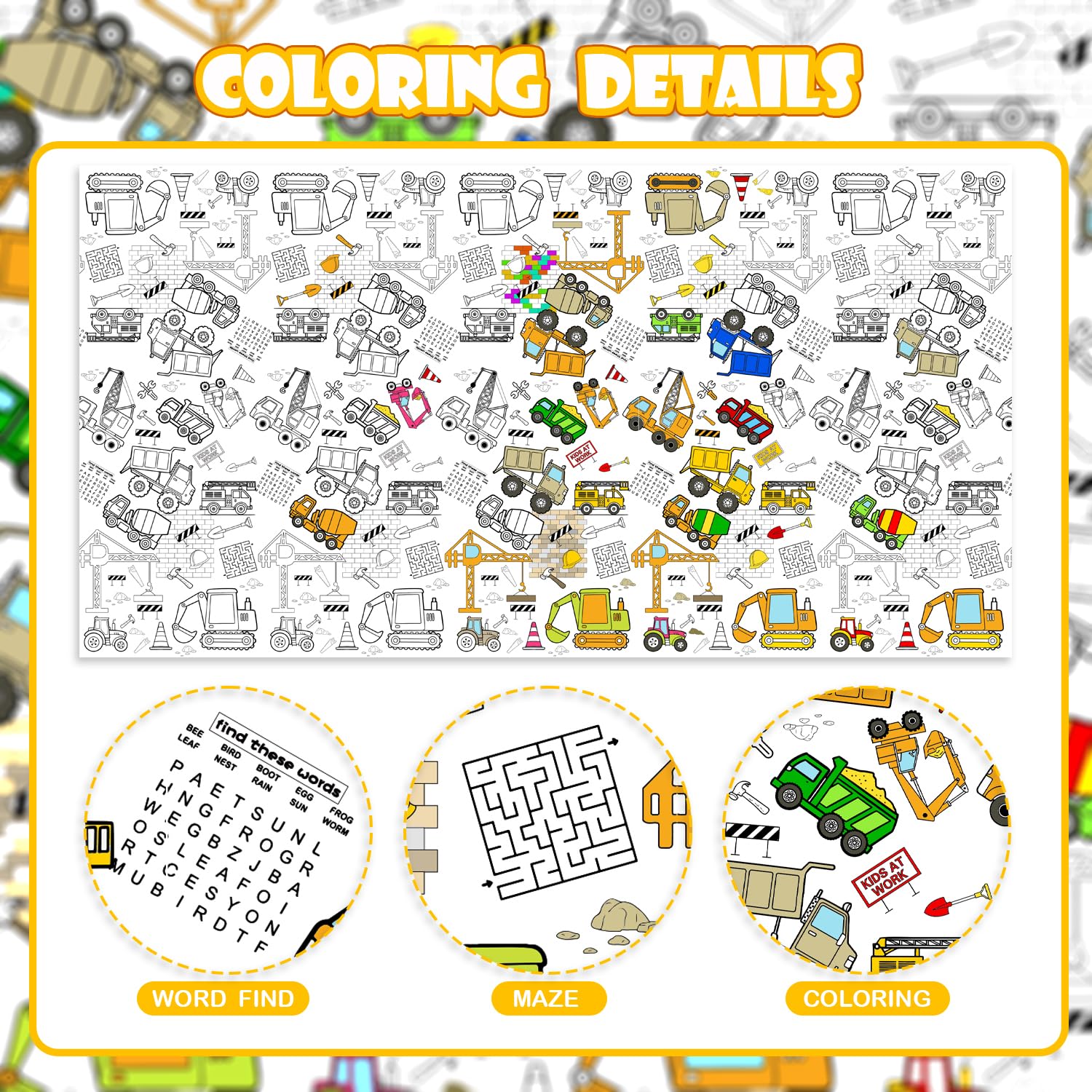 PartyGarden Giant Construction Coloring Tablecloth 54x108 in – Kids Party Decor & Coloring Fun