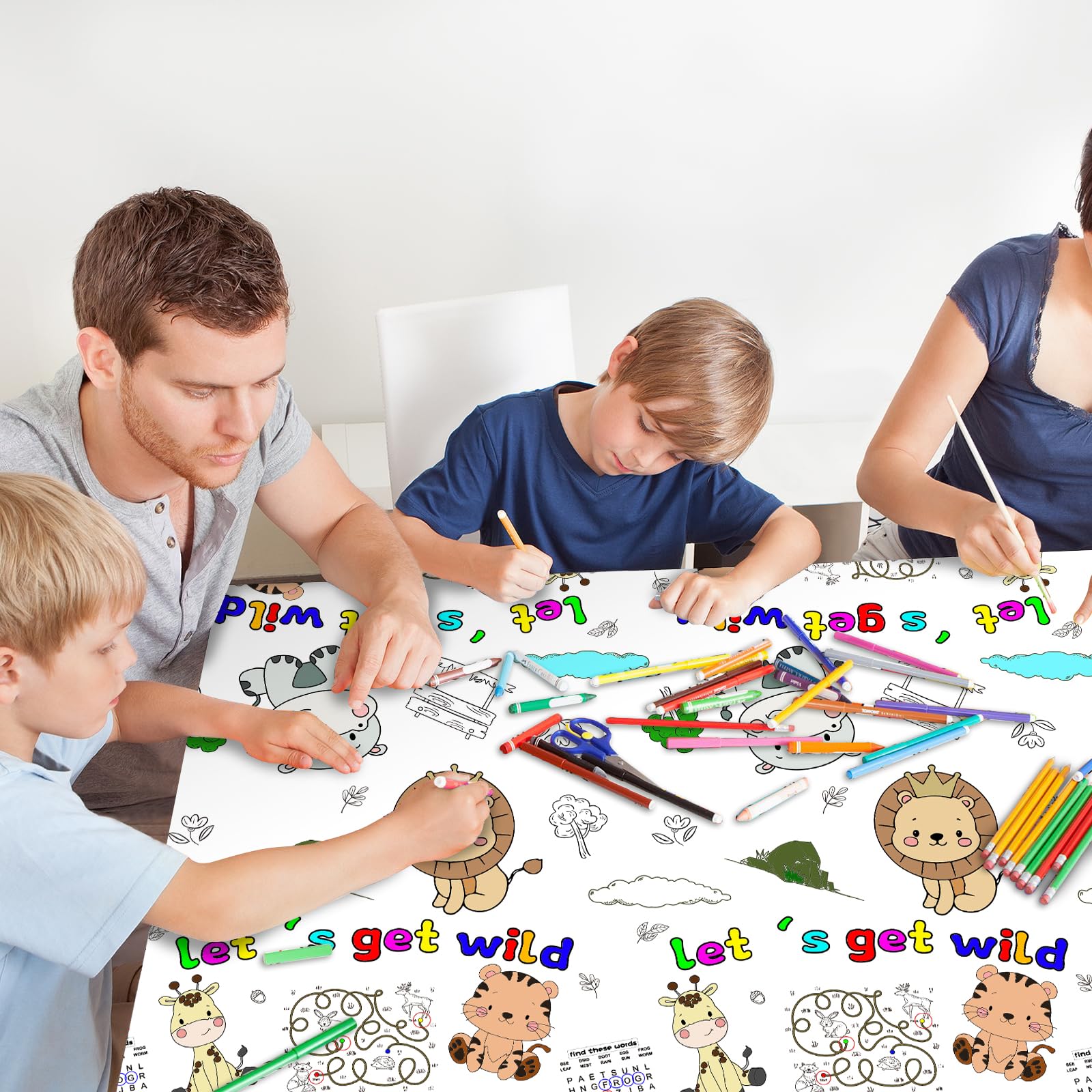 PartyGarden Giant Jungle Animal Coloring Tablecloth 54x108 in — Safari Zoo Theme Kids Party Decor