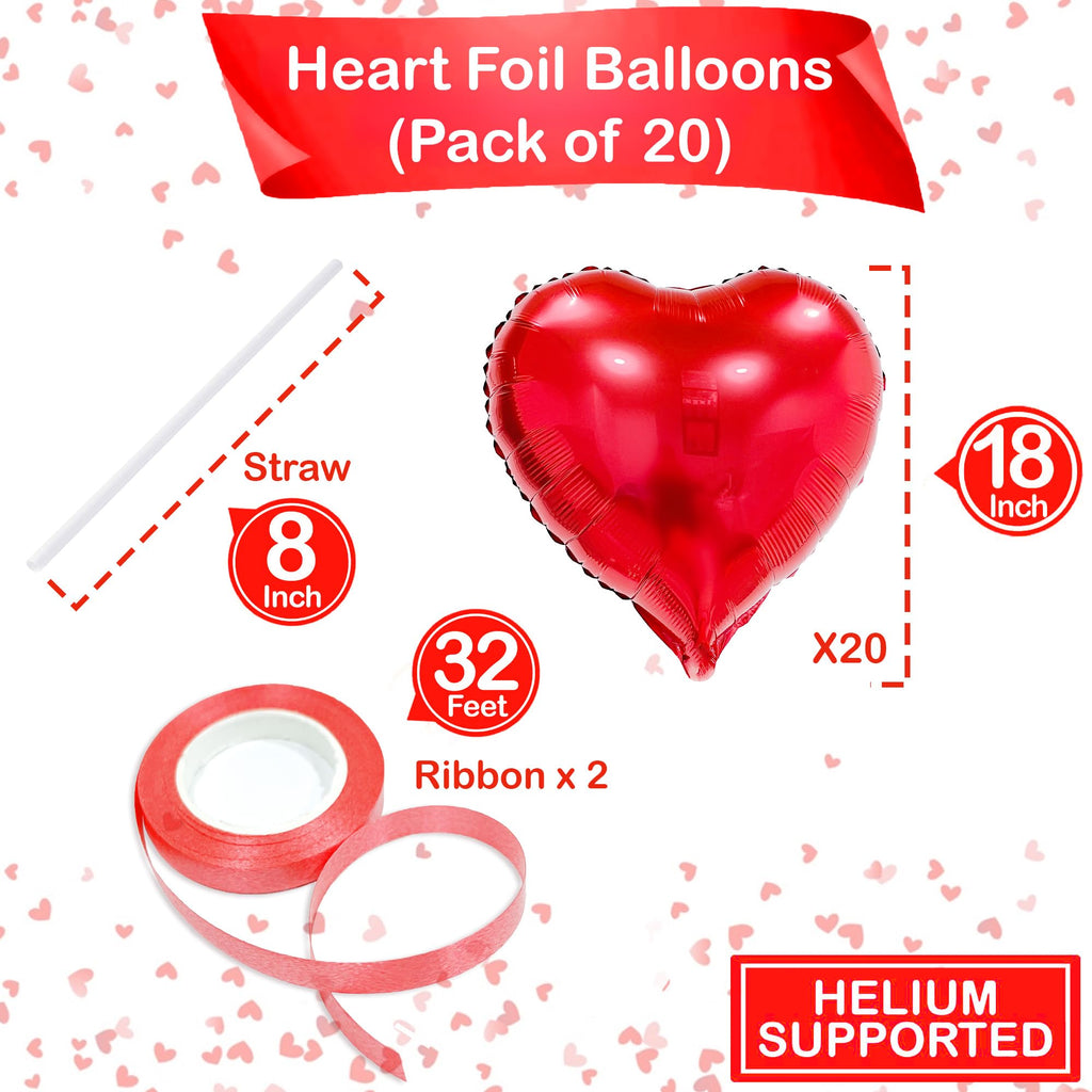 PartyGarden Red Heart Balloons – 20 Pcs, 18-Inch Foil Heart Balloons for Valentine’s Day, Galentine’s Day & Weddings