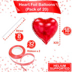 PartyGarden Red Heart Balloons – 20 Pcs, 18-Inch Foil Heart Balloons for Valentine’s Day, Galentine’s Day & Weddings