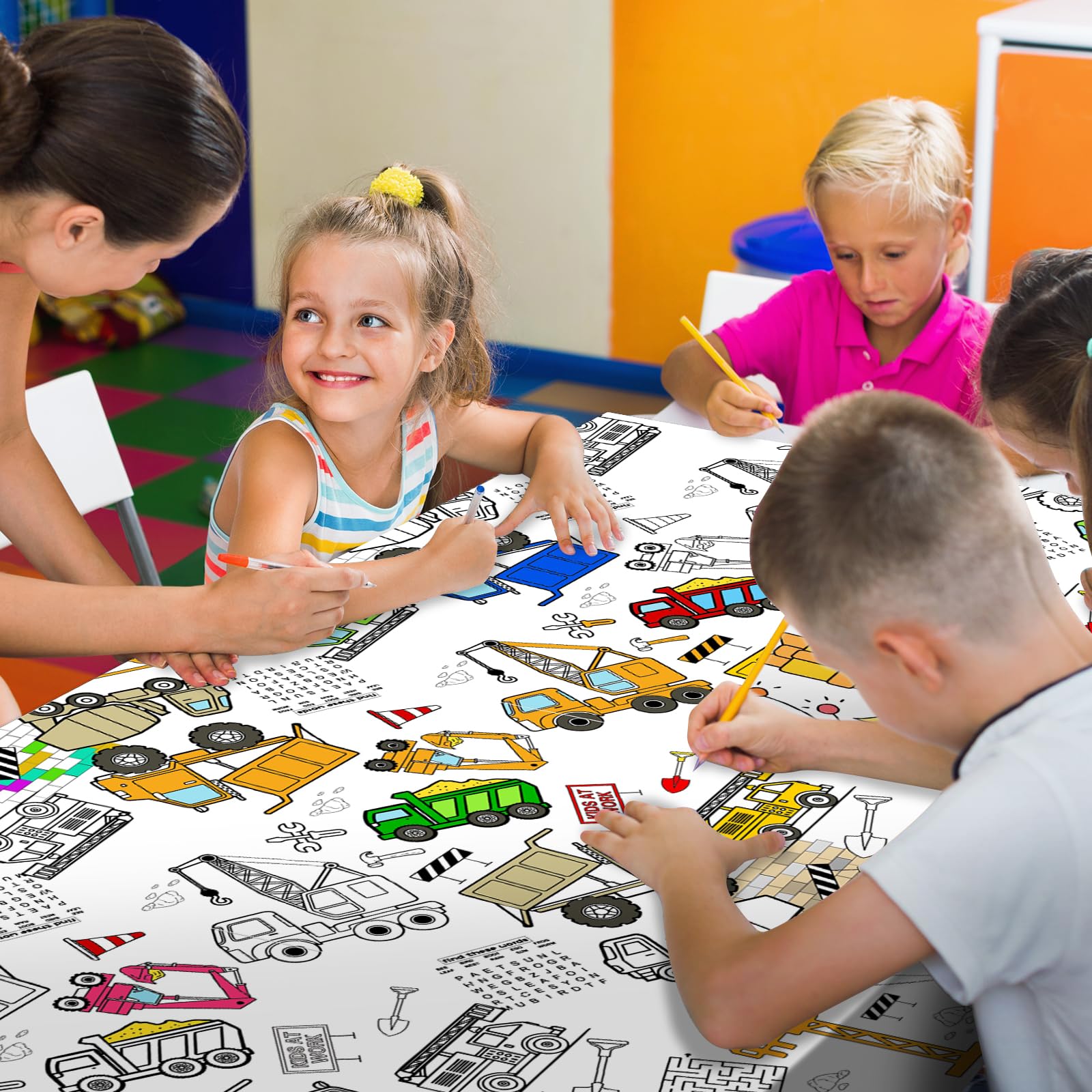 PartyGarden Giant Construction Coloring Tablecloth 54x108 in – Kids Party Decor & Coloring Fun