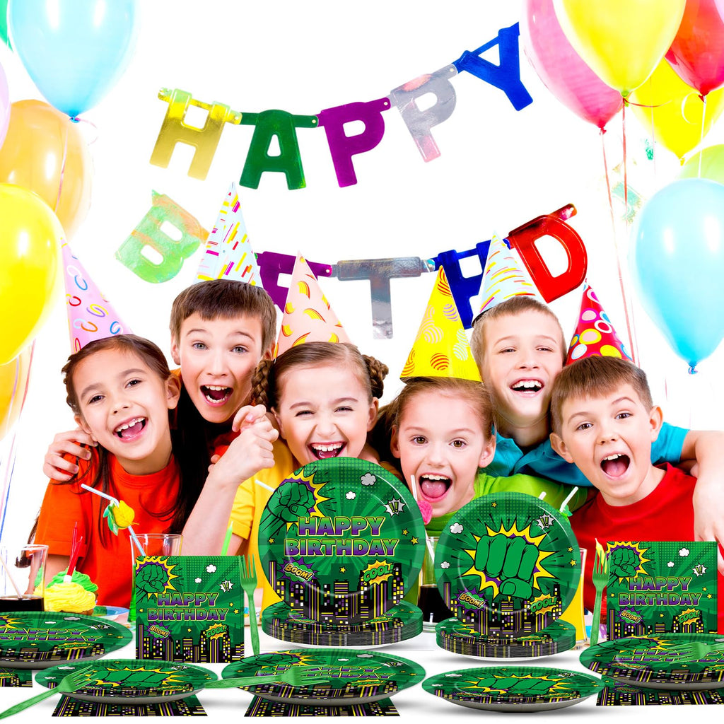 Party Greeting 96Pcs Green Hero Party Plates Napkins Forks - City Silhouettes Theme, Serves 24