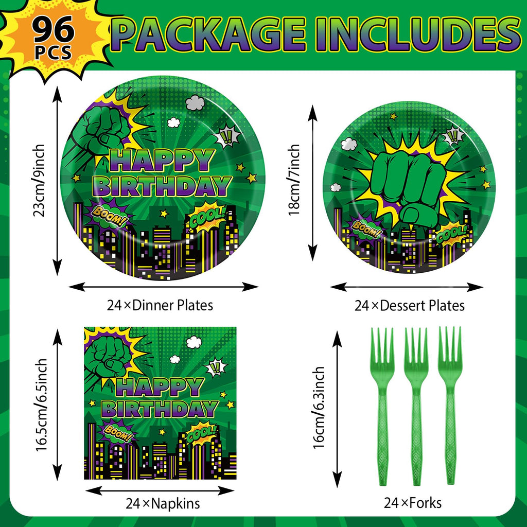 Party Greeting 96Pcs Green Hero Party Plates Napkins Forks - City Silhouettes Theme, Serves 24