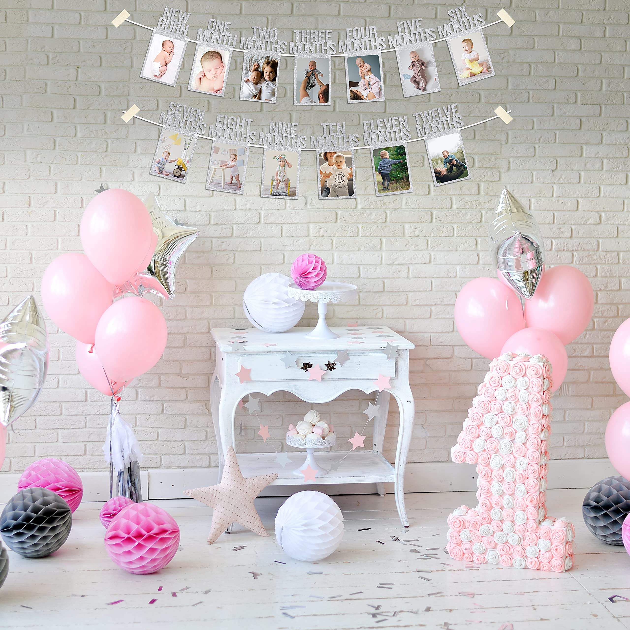 PartyHooman 1st Birthday Photo Banner — Pre-strung Silver Frame, Newborn to 12 Months Milestones