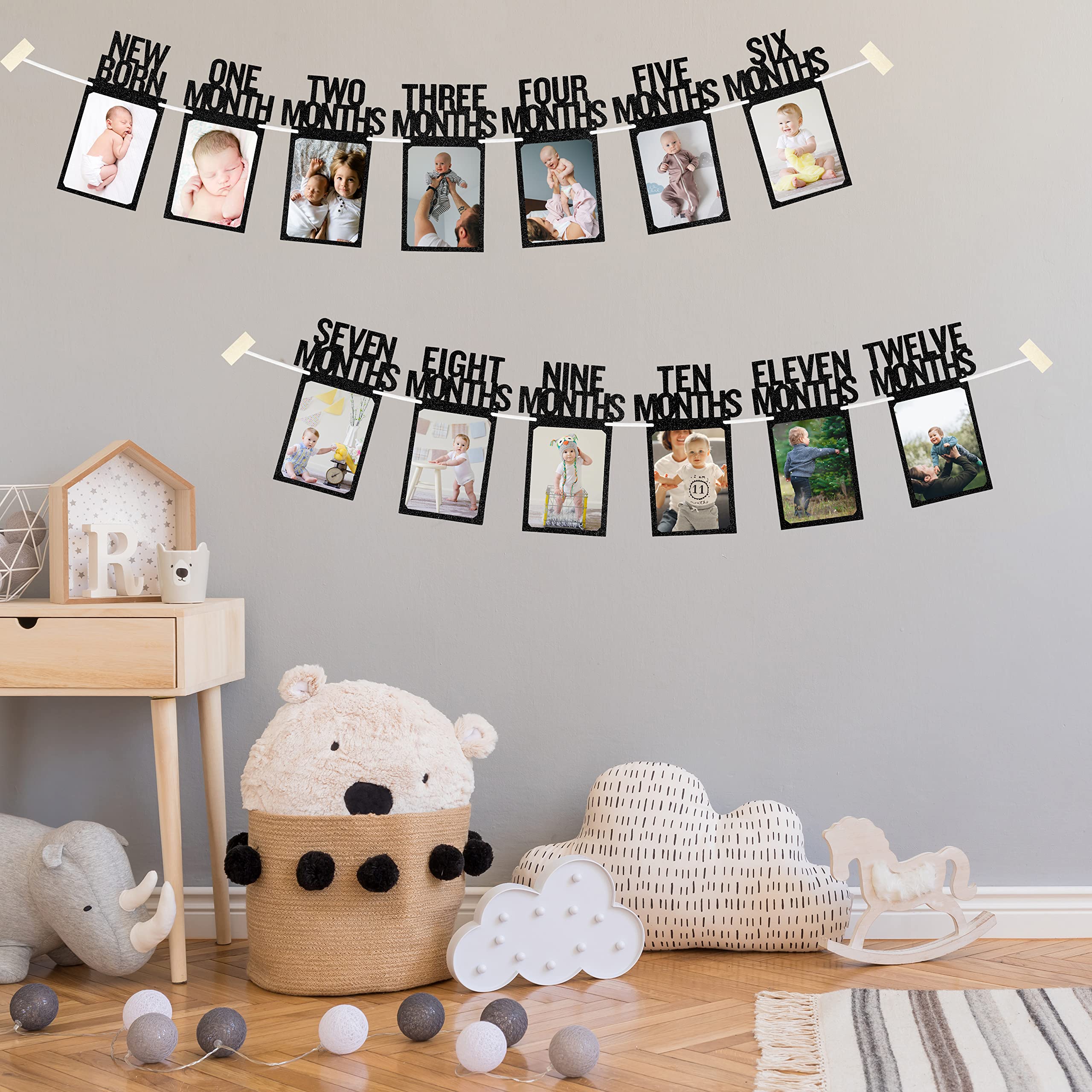 PartyHooman 1st Birthday Photo Banner with Frames – 0-12 Months Milestones Garland (Black)