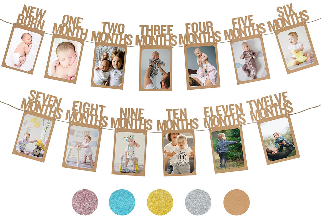 PartyHooman 1st Birthday Photo Banner — Newborn to 12 Months (Kraft)