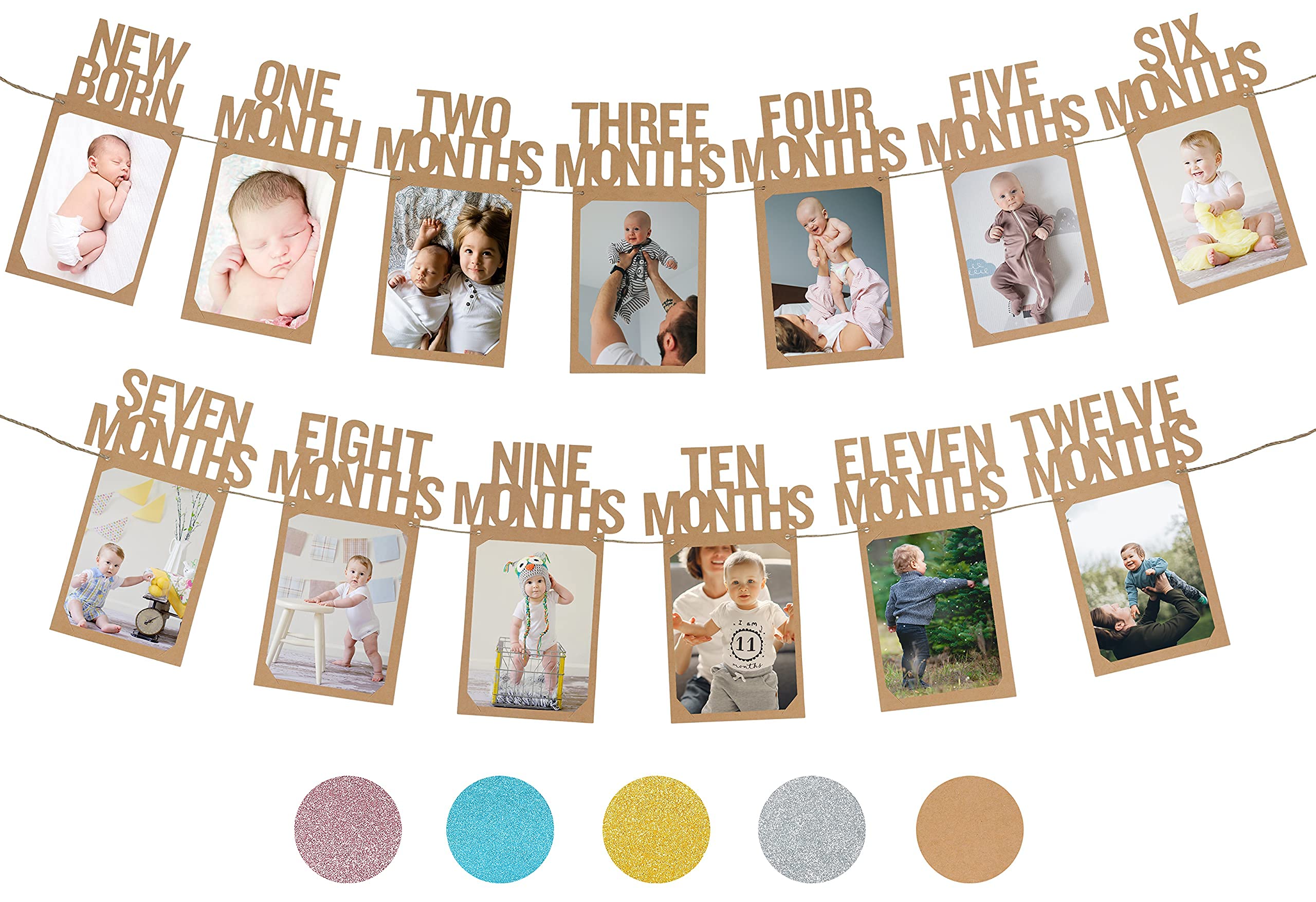 PartyHooman 1st Birthday Photo Banner — Newborn to 12 Months (Kraft)