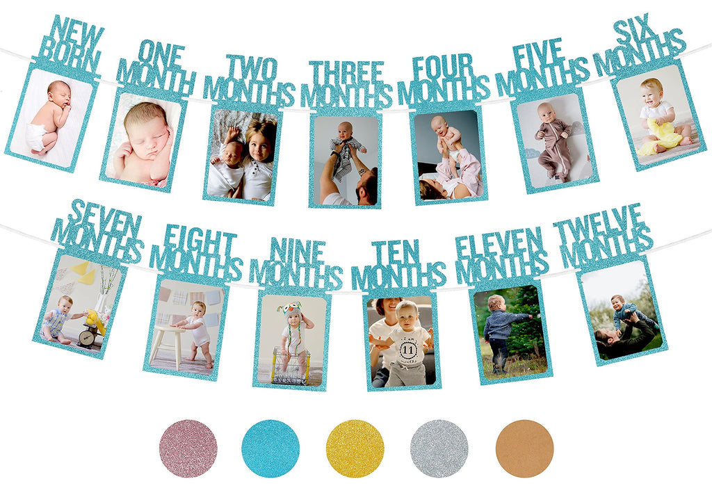 PartyHooman 1st Birthday Photo Banner Blue – Pre-Strung Milestones 0–12 Months