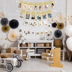 PartyHooman 1st Birthday Photo Banner – Pre-Strung, Frames & Newborn Card (Gold)