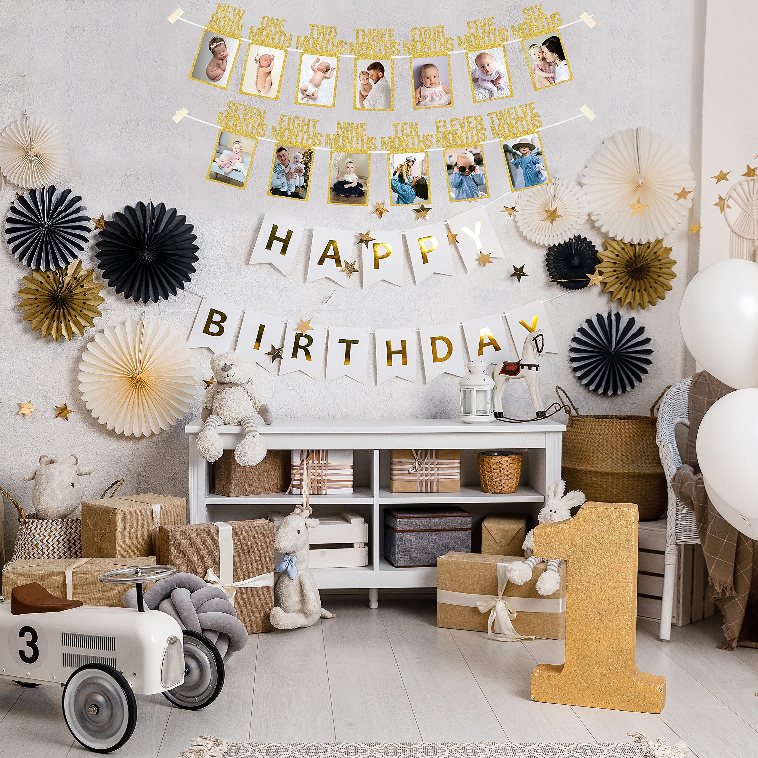 PartyHooman 1st Birthday Photo Banner – Pre-Strung, Frames & Newborn Card (Gold)
