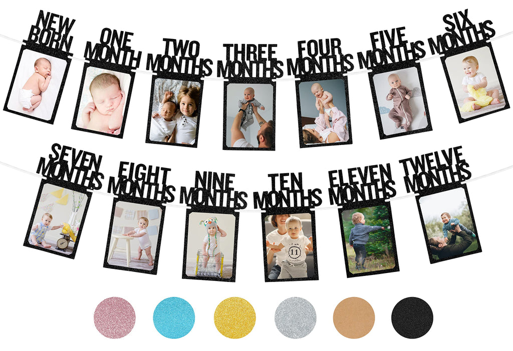 PartyHooman 1st Birthday Photo Banner with Frames – 0-12 Months Milestones Garland (Black)
