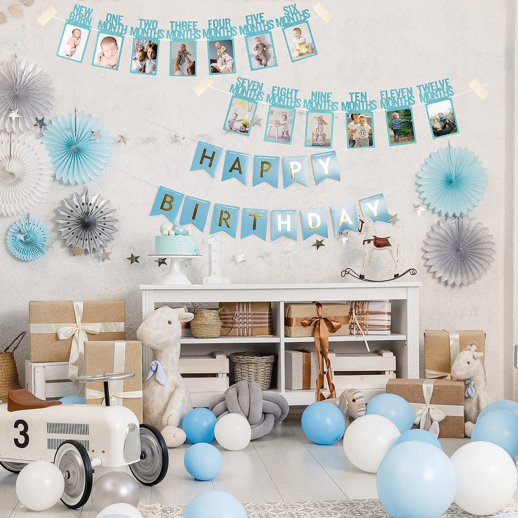 PartyHooman 1st Birthday Photo Banner Blue – Pre-Strung Milestones 0–12 Months