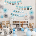 PartyHooman 1st Birthday Photo Banner Blue – Pre-Strung Milestones 0–12 Months